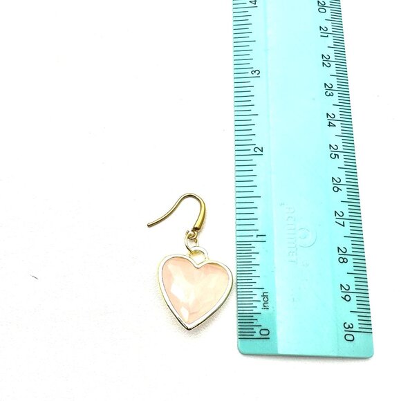 Womens Rose Quartz Gemstone Pink Heart Gold Plated Earrings Pierced Chandelier - Picture 5 of 6